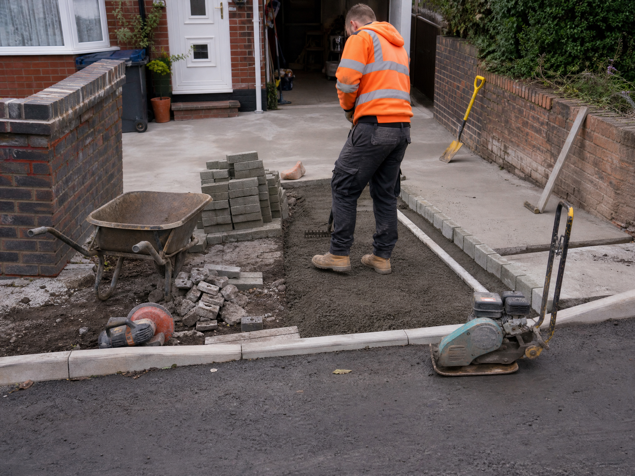 Overview of groundwork & dropped kerbs work in progress at a British residential property