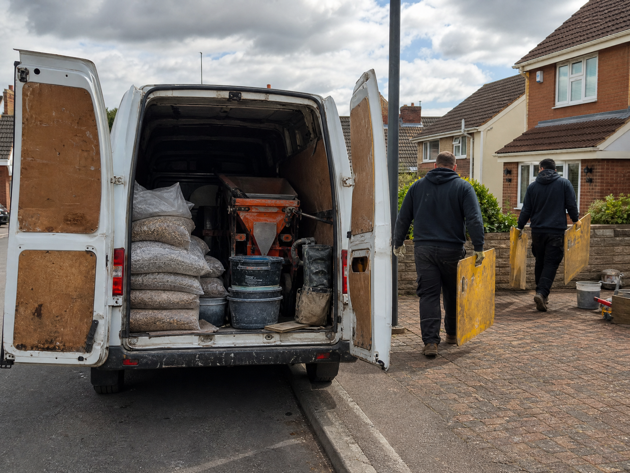 Plain work van and resin mixing equipment outside a house in Kettering