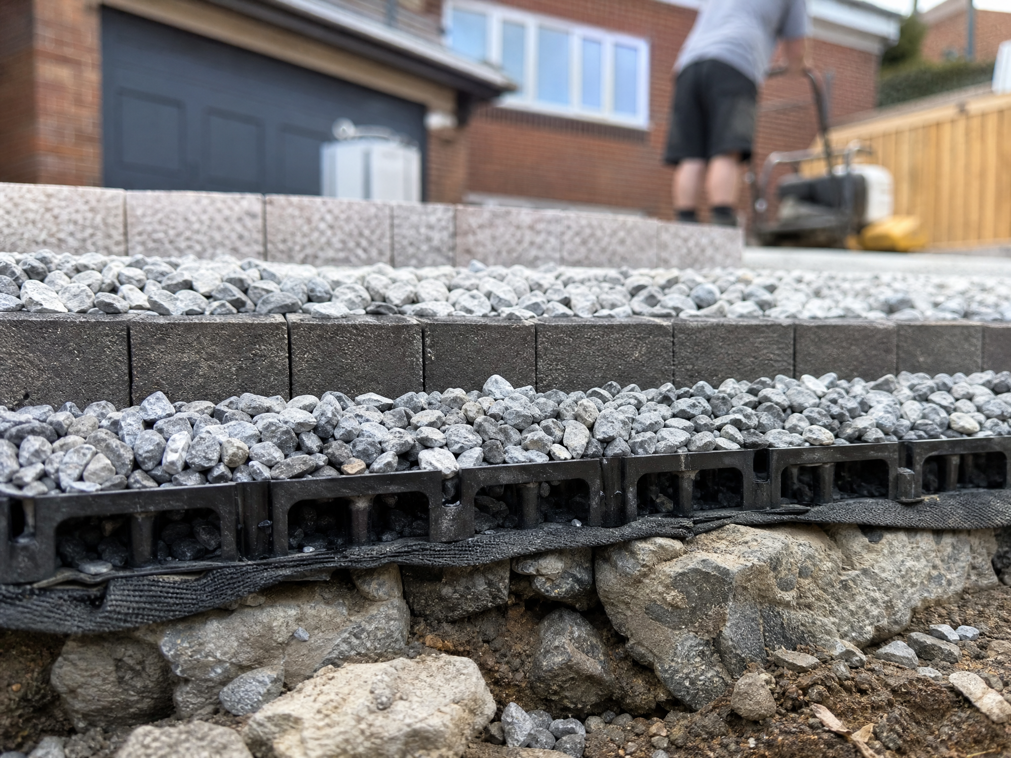 Close-up detail of materials and technique used in permeable driveways — showing quality