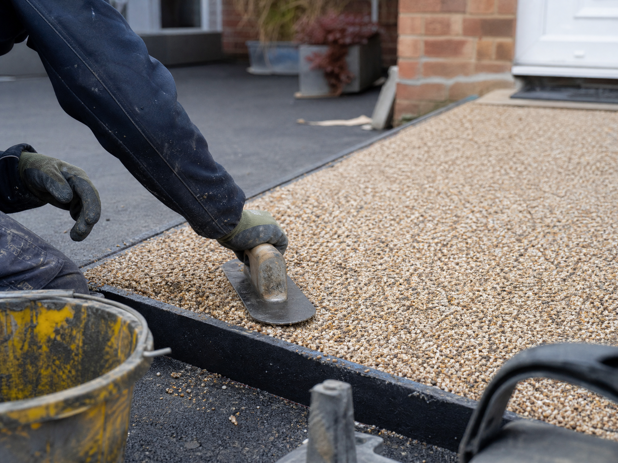 Professional installer carrying out resin paths in a British residential property