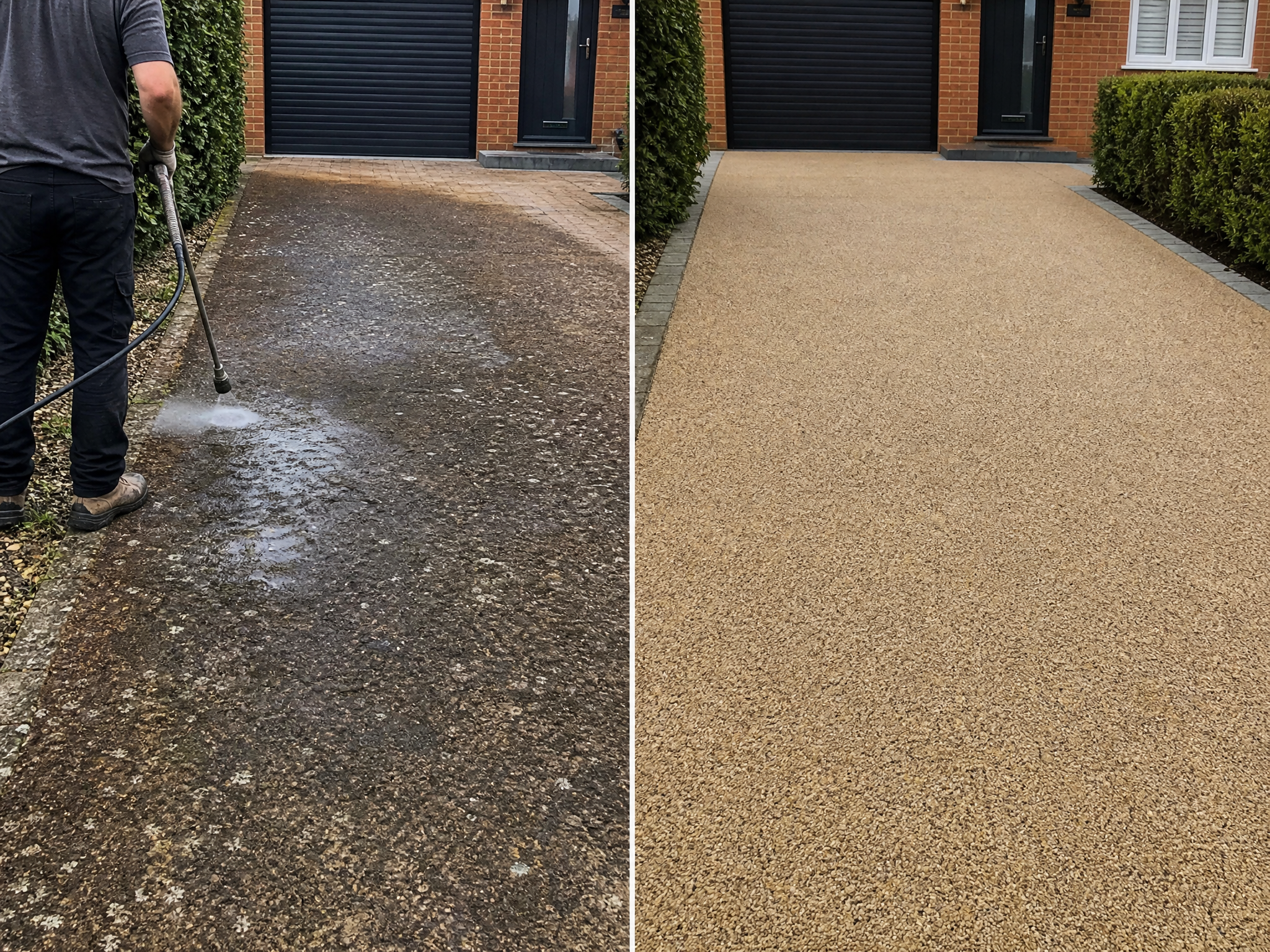 Before and after comparison showing the results of professional resin driveway repairs & cleaning