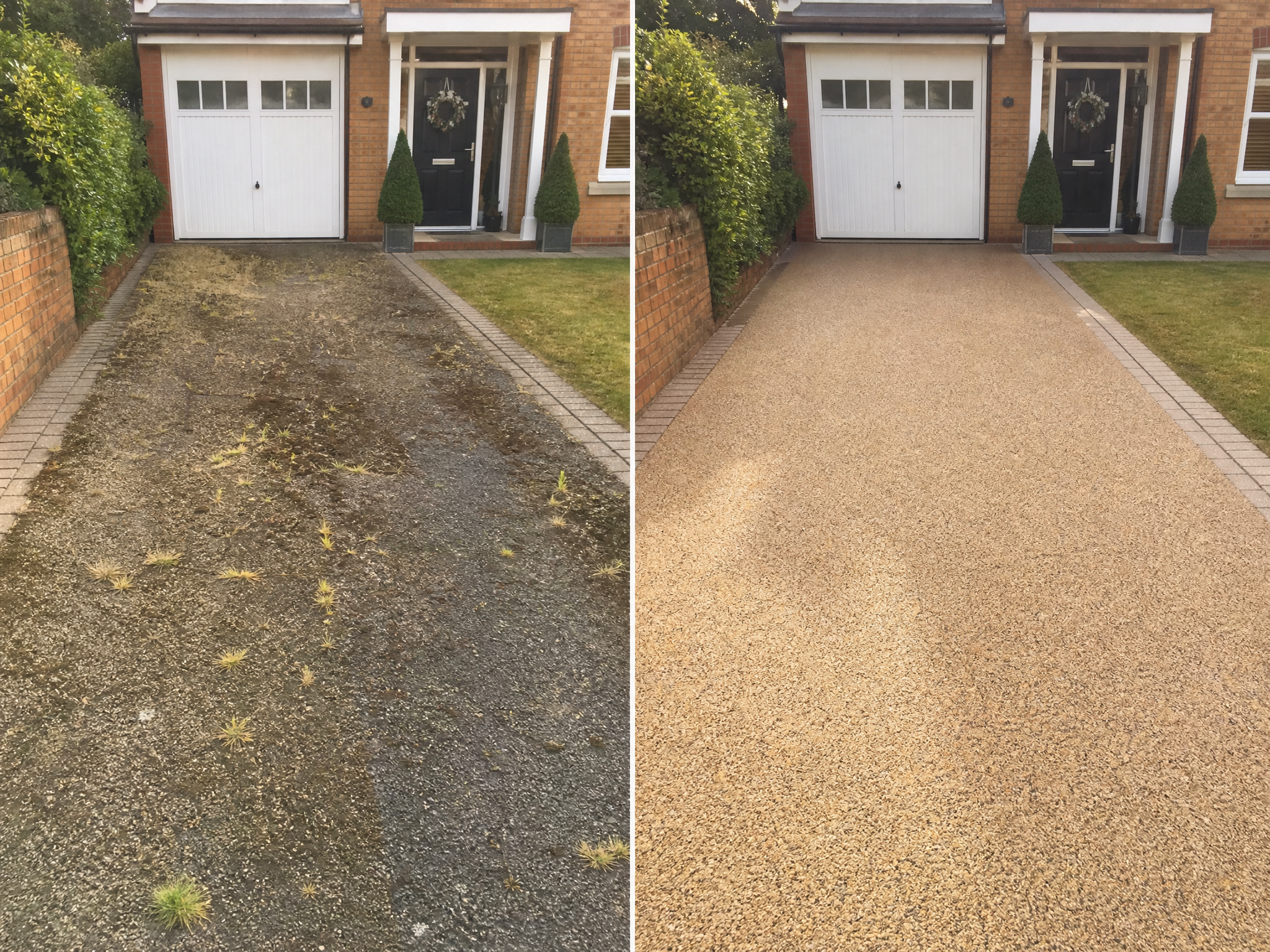 Before and after comparison showing the results of professional resin driveway repairs & cleaning