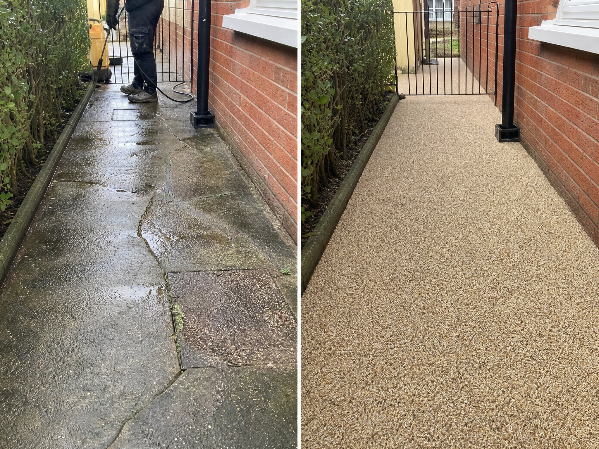 Before and after comparison showing the results of professional resin patios
