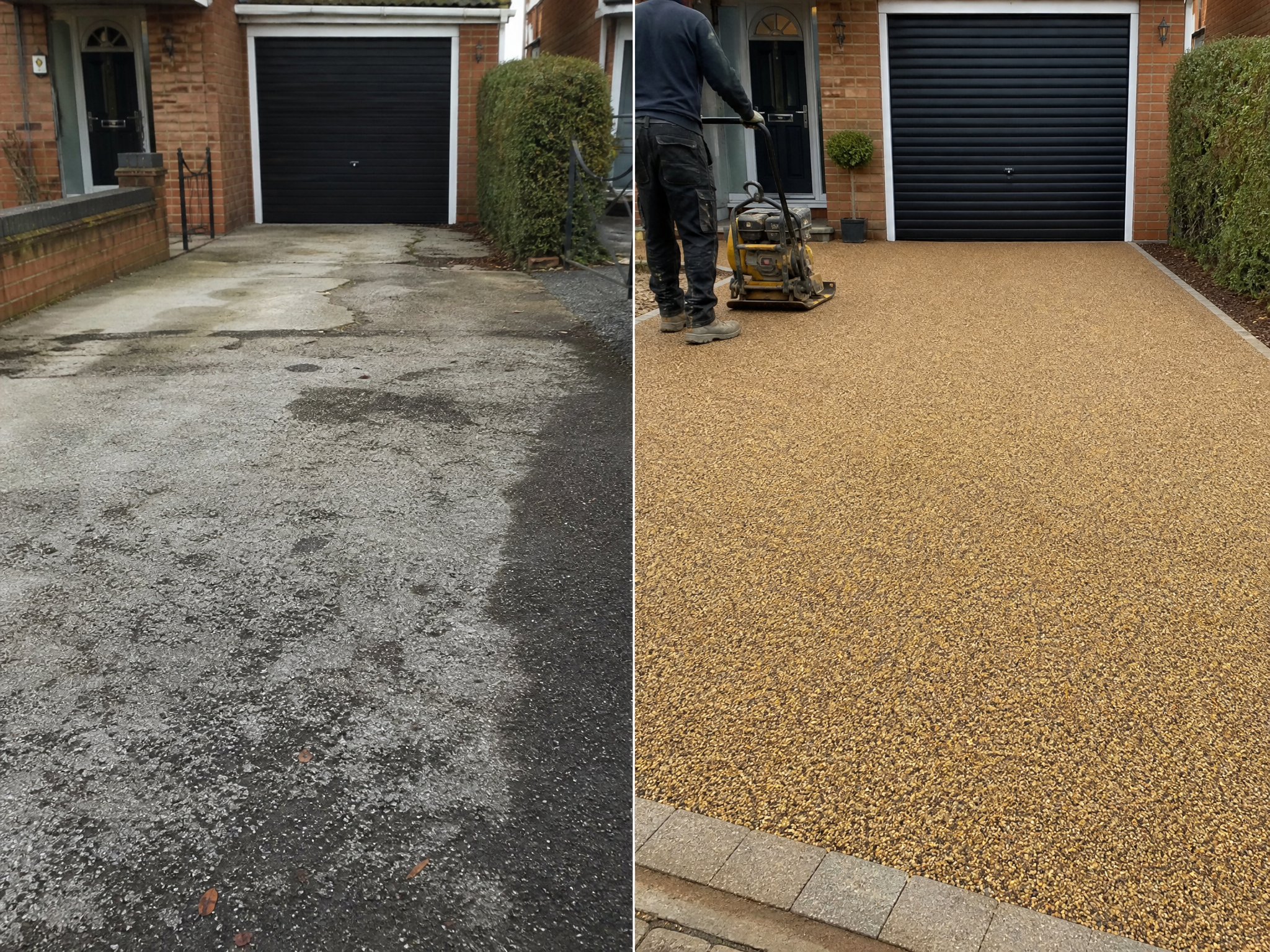 Before and after comparison showing the results of professional resin bound driveways